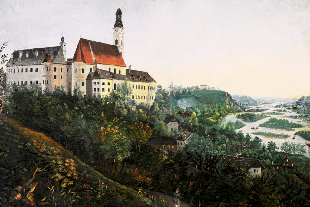 Stift Reichersberg mit dem Inn vor der Begradigung und Einengung, die in der zweiten Hälfte des 19. Jahrhunderts stattgefunden hat.